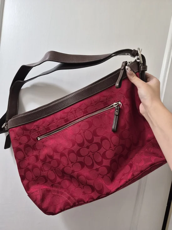 Coach Red Signature Canvas Hobo with Brown Leather Trim - Picture 2 of 9